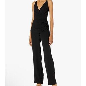 DRESS the Population Black SAM Ruched Shirred V-Neck Crepe Pants Jumpsuit Med
